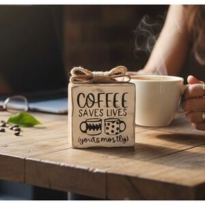 Coffee Saves Lives Yours Mostly Rustic Wood Block Sign Burlap Bow Farmhouse